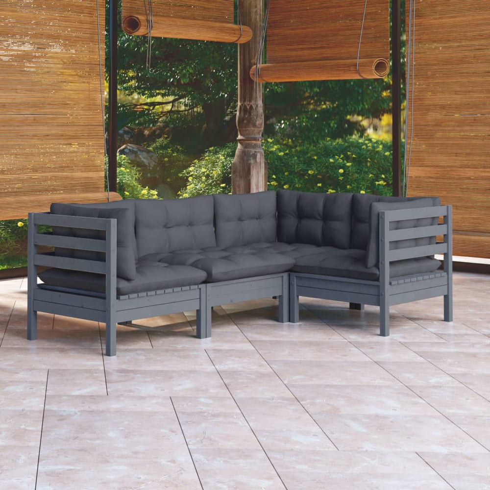 4-tlg. Garten-Lounge-Set mit Kissen Grau Kiefernholz
