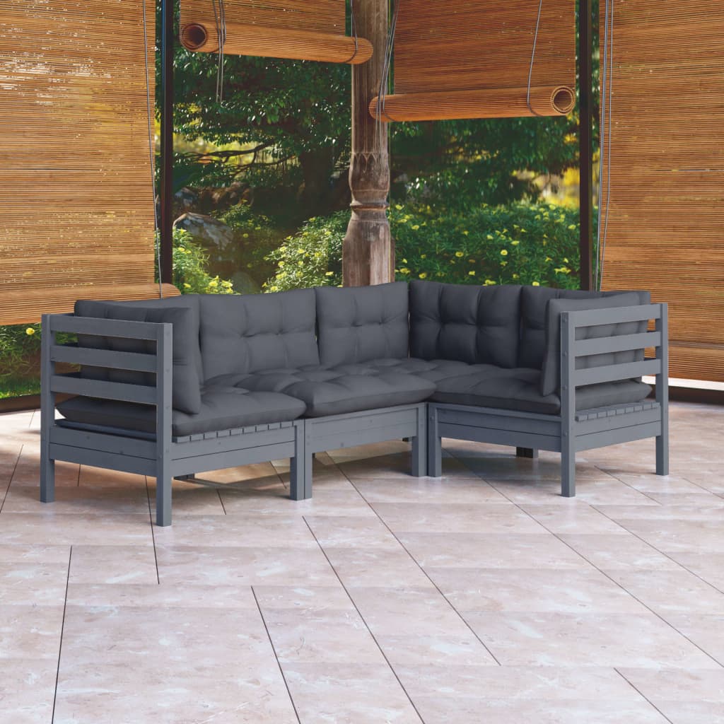 4-tlg. Garten-Lounge-Set mit Kissen Grau Kiefernholz