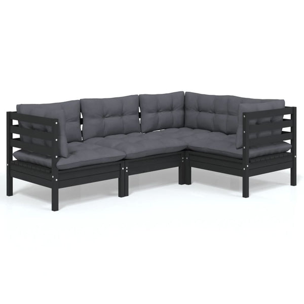 4-tlg. Garten-Lounge-Set mit Kissen Schwarz Kiefernholz