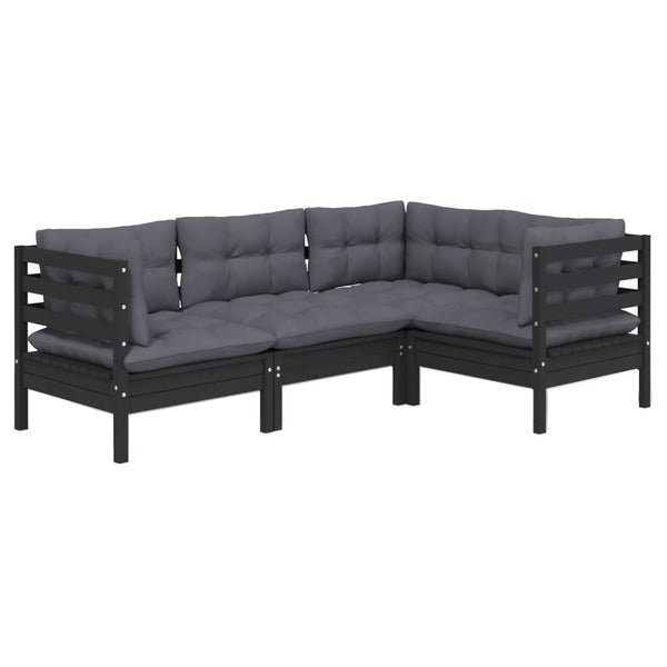4-tlg. Garten-Lounge-Set mit Kissen Schwarz Kiefernholz