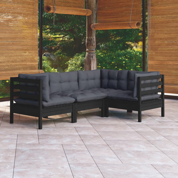 4-tlg. Garten-Lounge-Set mit Kissen Schwarz Kiefernholz