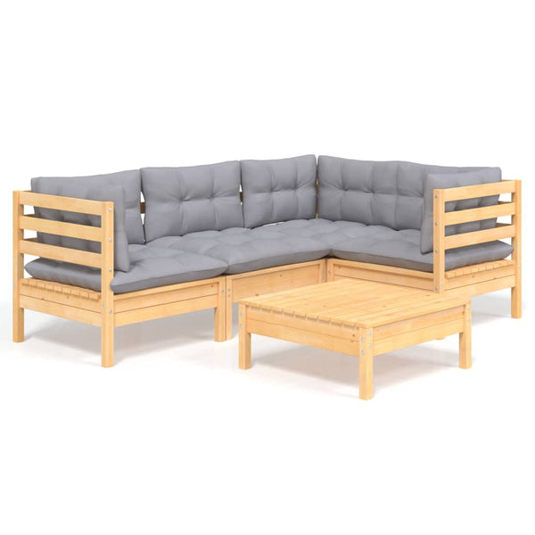 5-tlg. Garten-Lounge-Set mit Grauen Kissen Kiefernholz