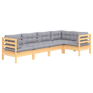 5-tlg. Garten-Lounge-Set mit Grauen Kissen Kiefernholz