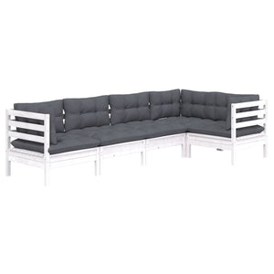 5-tlg. Garten-Lounge-Set mit Kissen Weiß Kiefernholz