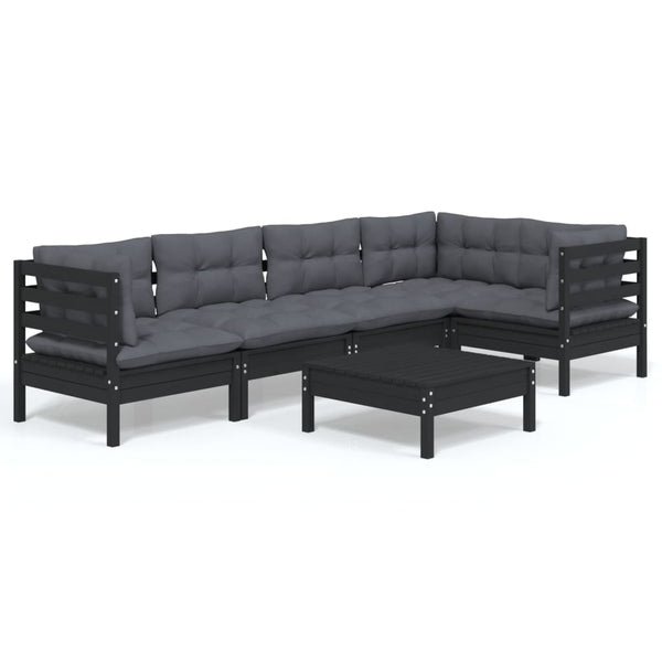 6-tlg. Garten-Lounge-Set mit Kissen Schwarz Kiefernholz