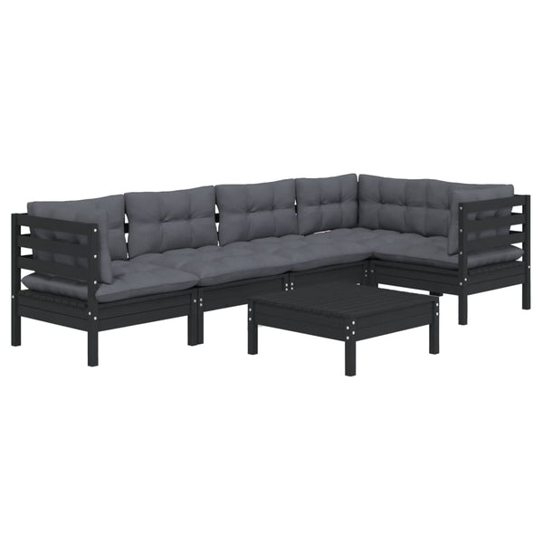 6-tlg. Garten-Lounge-Set mit Kissen Schwarz Kiefernholz