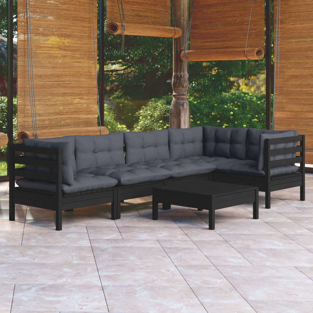 6-tlg. Garten-Lounge-Set mit Kissen Schwarz Kiefernholz