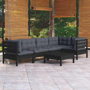 6-tlg. Garten-Lounge-Set mit Kissen Schwarz Kiefernholz