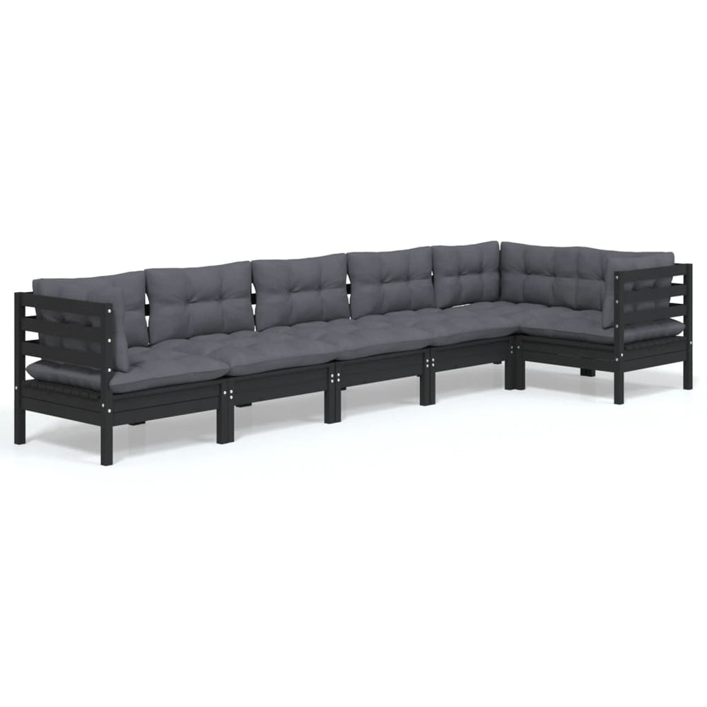 6-tlg. Garten-Lounge-Set mit Kissen Schwarz Kiefernholz