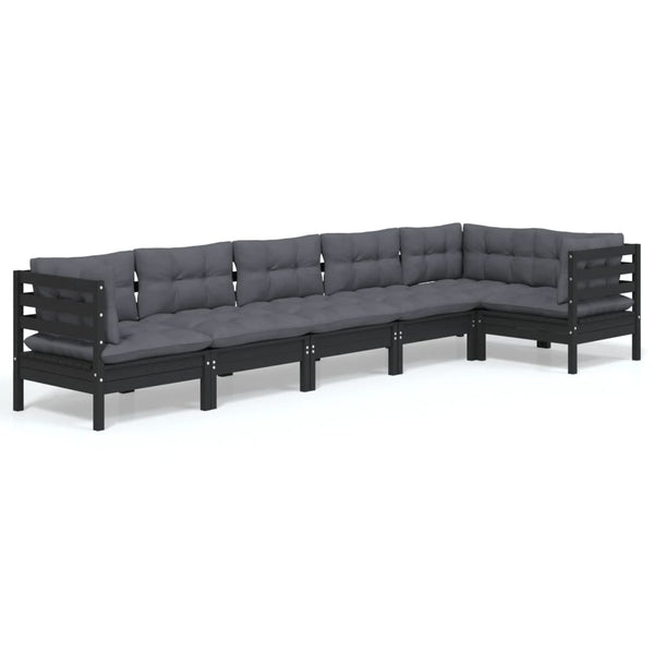 6-tlg. Garten-Lounge-Set mit Kissen Schwarz Kiefernholz
