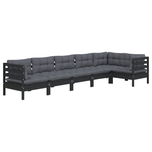 6-tlg. Garten-Lounge-Set mit Kissen Schwarz Kiefernholz