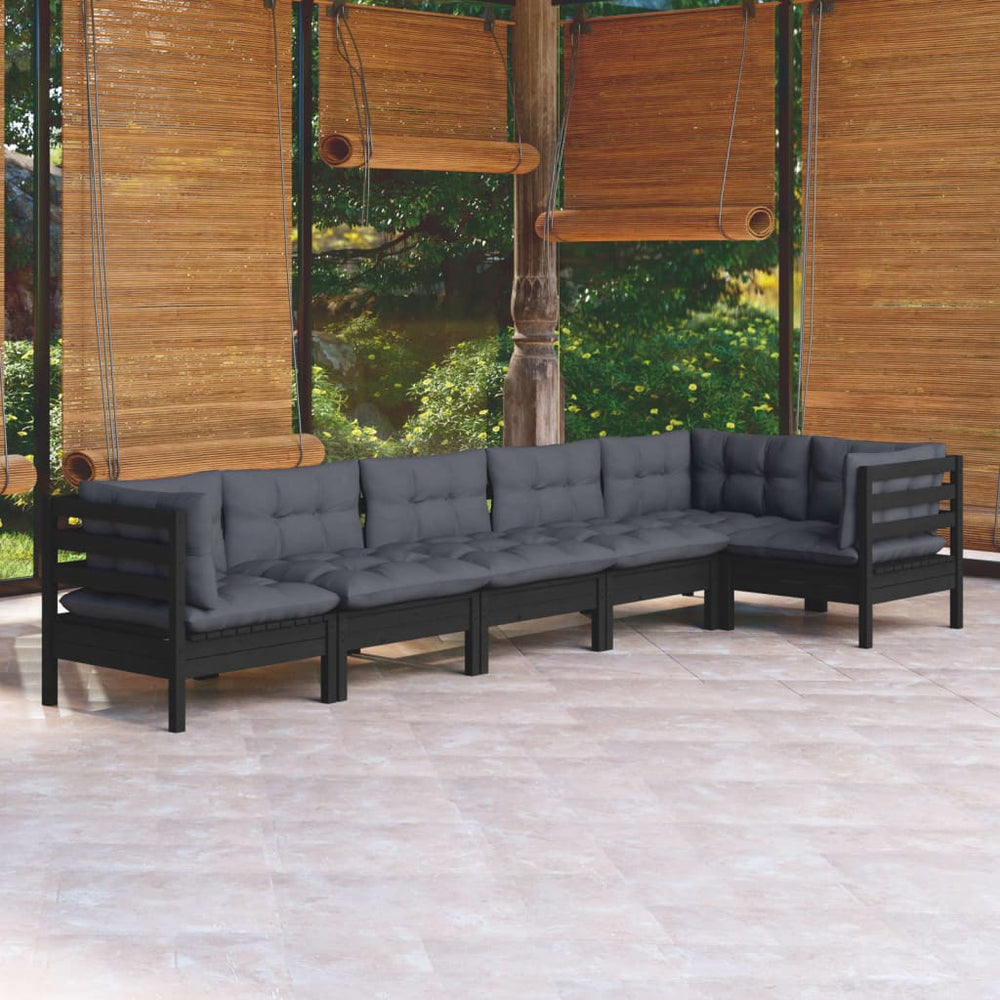 6-tlg. Garten-Lounge-Set mit Kissen Schwarz Kiefernholz