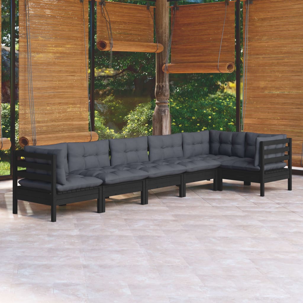 6-tlg. Garten-Lounge-Set mit Kissen Schwarz Kiefernholz