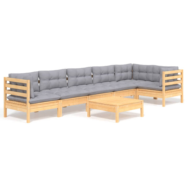 7-tlg. Garten-Lounge-Set mit Grauen Kissen Kiefernholz