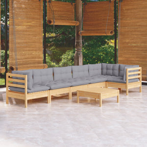 7-tlg. Garten-Lounge-Set mit Grauen Kissen Kiefernholz