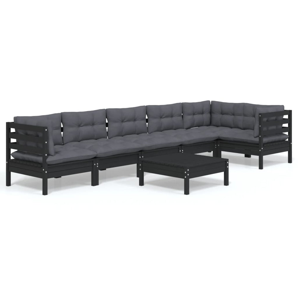 7-tlg. Garten-Lounge-Set mit Kissen Schwarz Kiefernholz