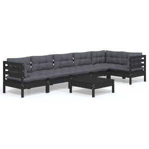 7-tlg. Garten-Lounge-Set mit Kissen Schwarz Kiefernholz