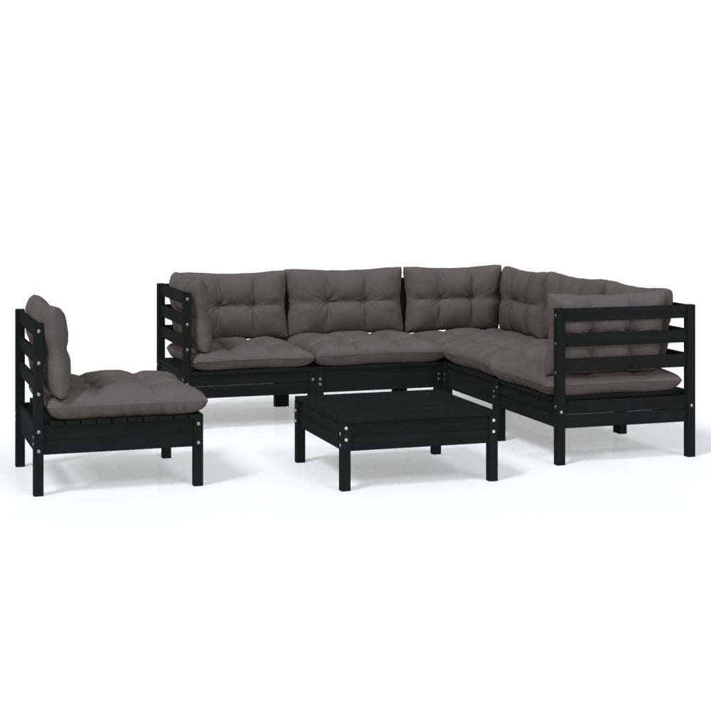 6-tlg. Garten-Lounge-Set mit Kissen Schwarz Kiefernholz