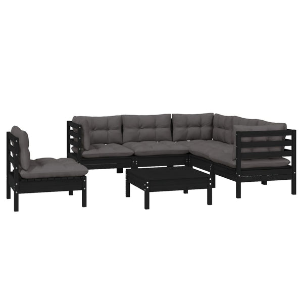 6-tlg. Garten-Lounge-Set mit Kissen Schwarz Kiefernholz