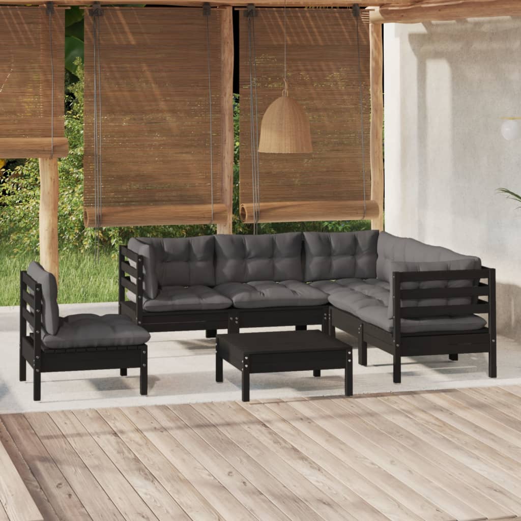 6-tlg. Garten-Lounge-Set mit Kissen Schwarz Kiefernholz