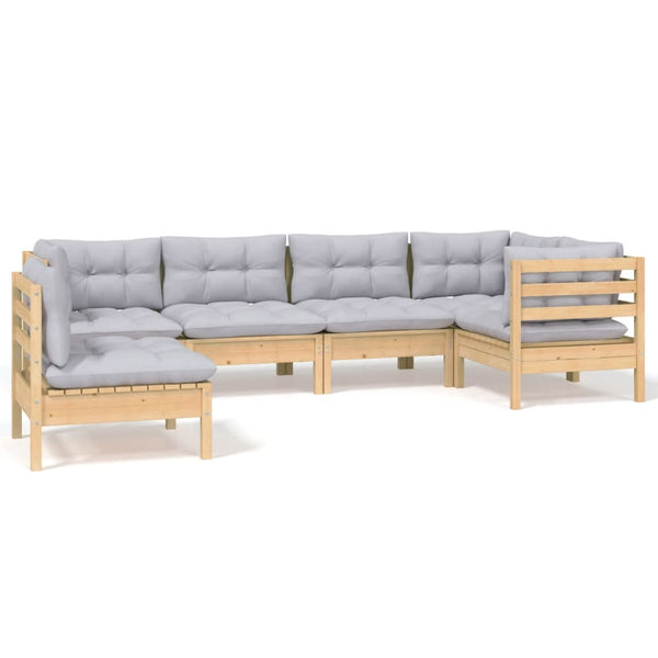 6-tlg. Garten-Lounge-Set mit Grauen Kissen Kiefernholz