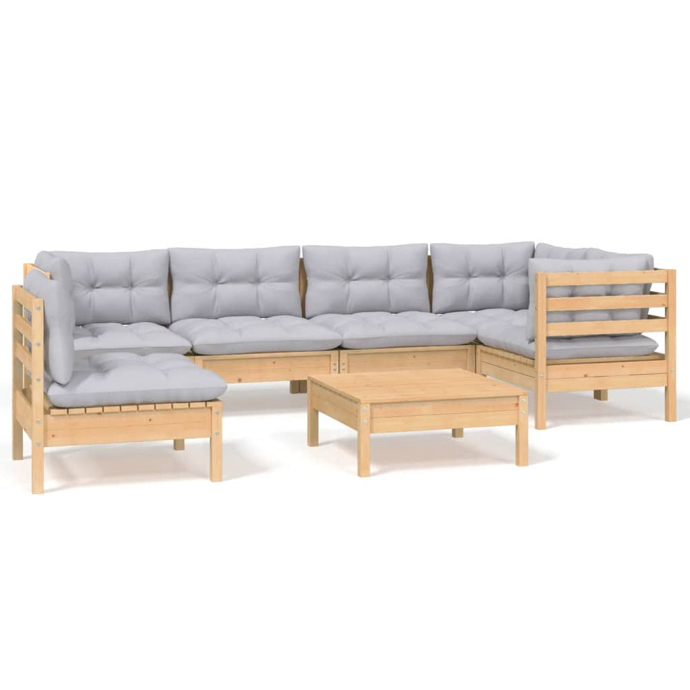7-tlg. Garten-Lounge-Set mit Grauen Kissen Kiefernholz