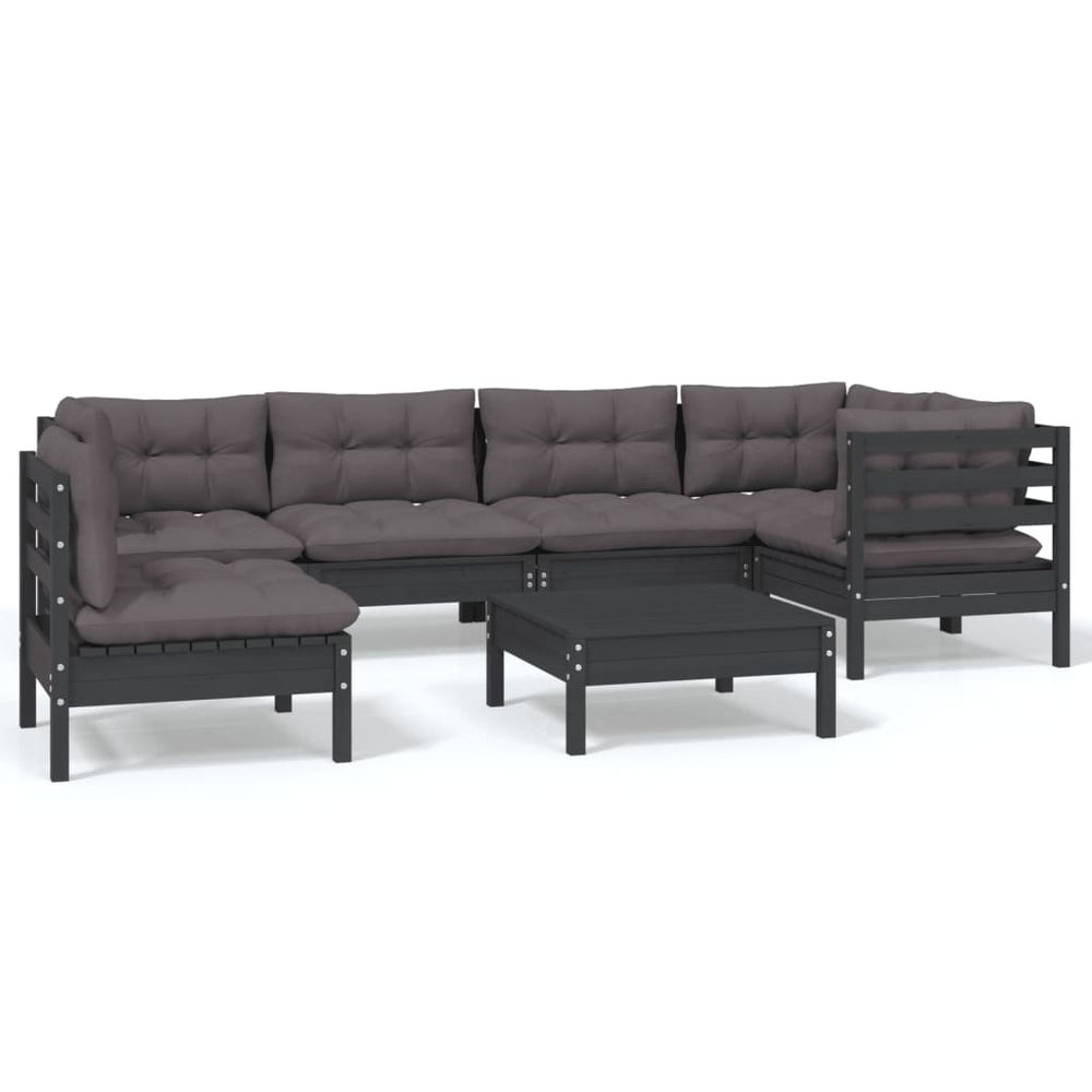 7-tlg. Garten-Lounge-Set mit Kissen Schwarz Kiefernholz