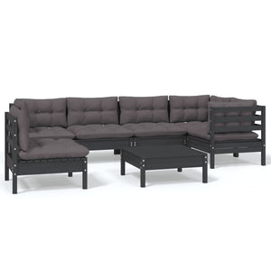 7-tlg. Garten-Lounge-Set mit Kissen Schwarz Kiefernholz