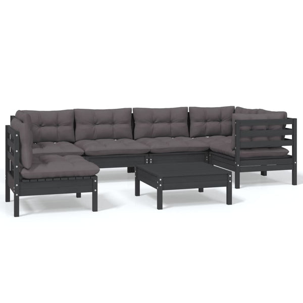 7-tlg. Garten-Lounge-Set mit Kissen Schwarz Kiefernholz