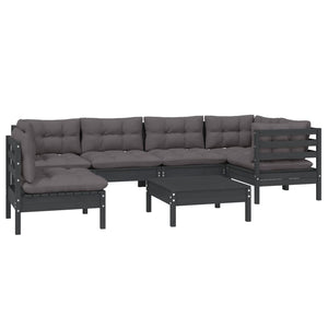 7-tlg. Garten-Lounge-Set mit Kissen Schwarz Kiefernholz