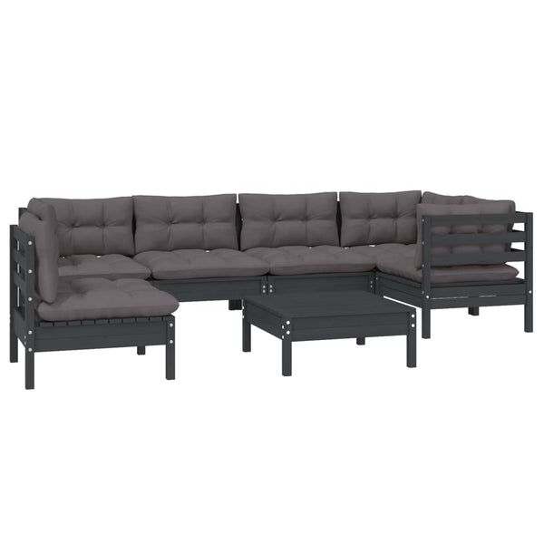 7-tlg. Garten-Lounge-Set mit Kissen Schwarz Kiefernholz