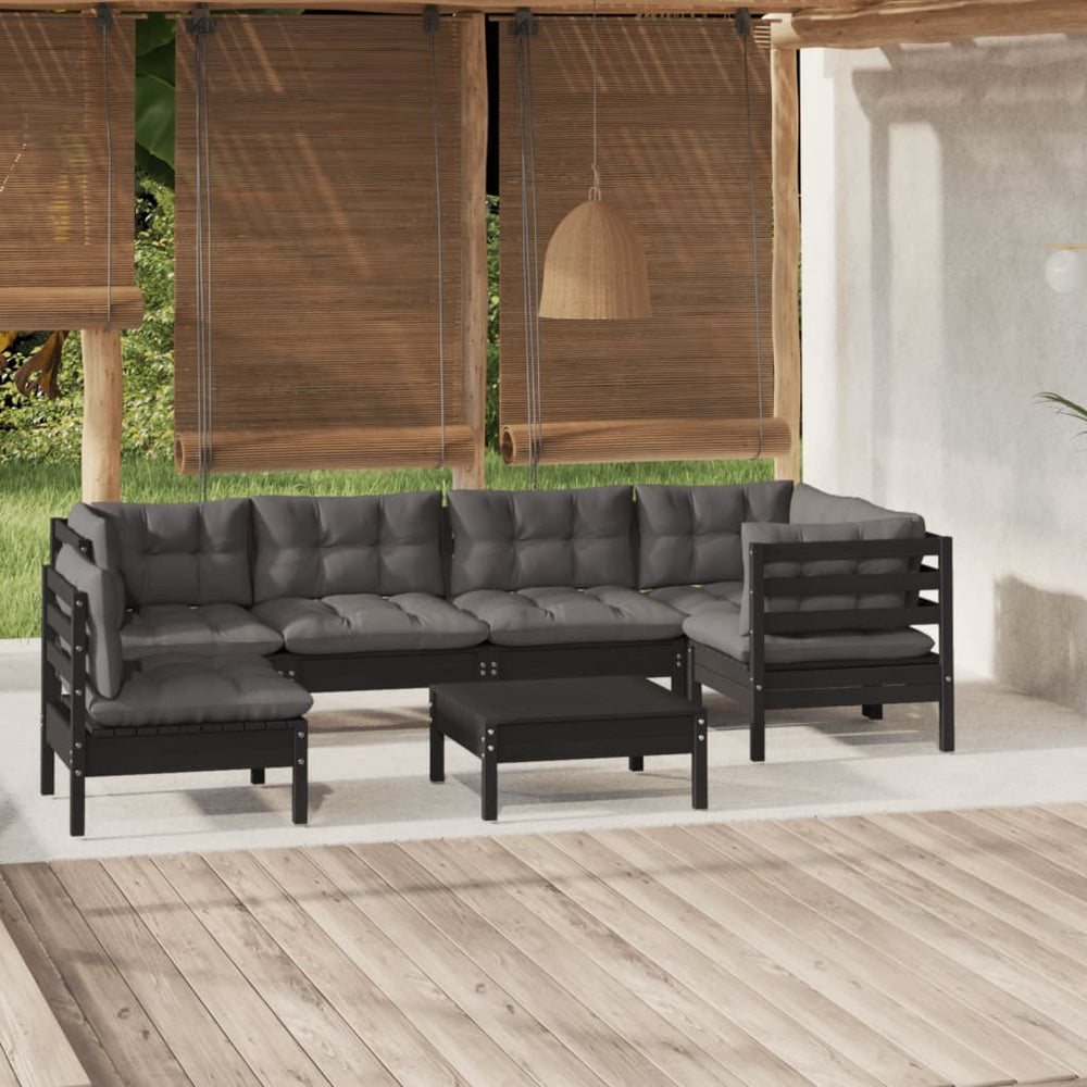 7-tlg. Garten-Lounge-Set mit Kissen Schwarz Kiefernholz