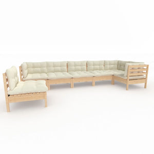 7-tlg. Garten-Lounge-Set mit Creme Kissen Kiefernholz