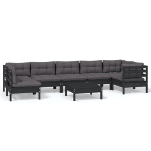 8-tlg. Garten-Lounge-Set mit Kissen Schwarz Kiefernholz