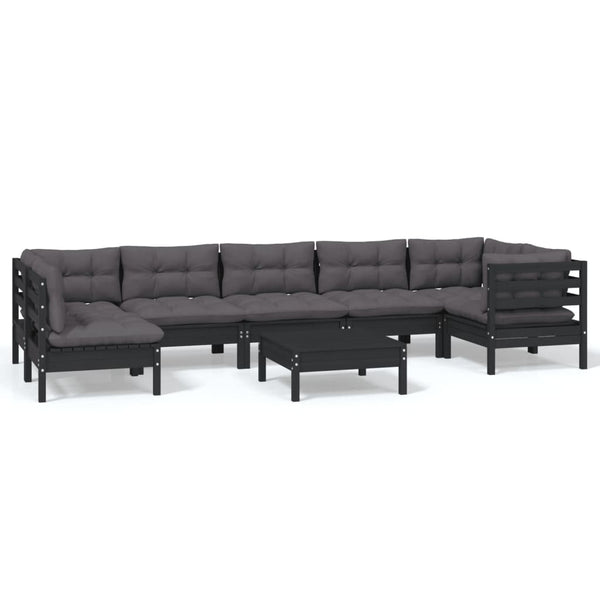 8-tlg. Garten-Lounge-Set mit Kissen Schwarz Kiefernholz