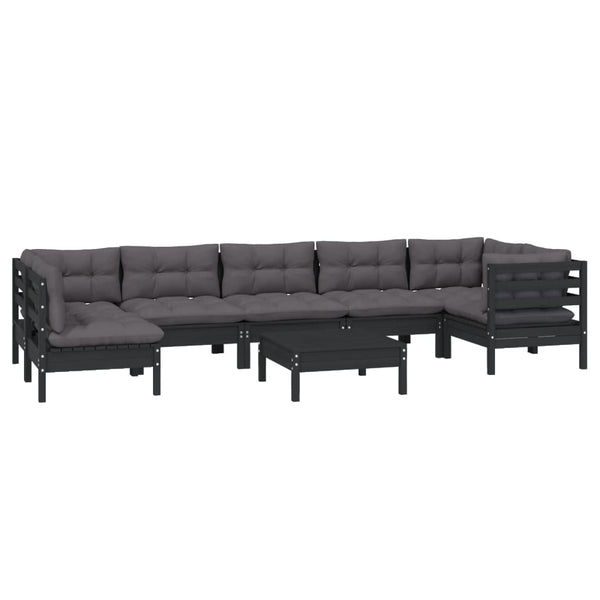 8-tlg. Garten-Lounge-Set mit Kissen Schwarz Kiefernholz
