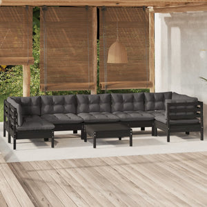 8-tlg. Garten-Lounge-Set mit Kissen Schwarz Kiefernholz
