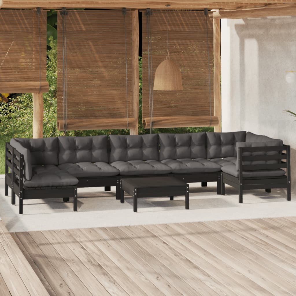 8-tlg. Garten-Lounge-Set mit Kissen Schwarz Kiefernholz