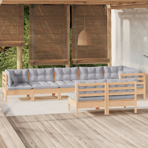 8-tlg. Garten-Lounge-Set mit Grauen Kissen Kiefer Massivholz