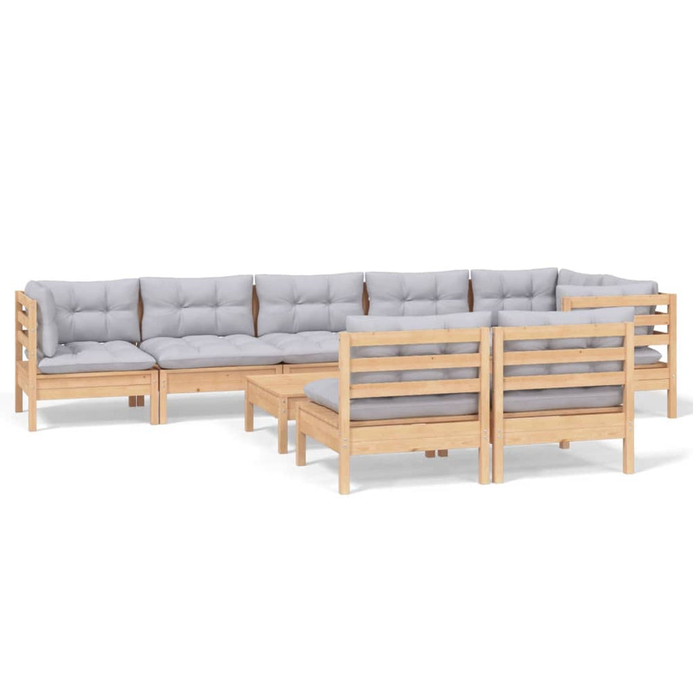 9-tlg. Garten-Lounge-Set mit Grauen Kissen Kiefer Massivholz
