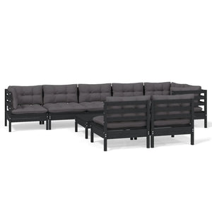 9-tlg. Garten-Lounge-Set mit Kissen Schwarz Massivholz Kiefer
