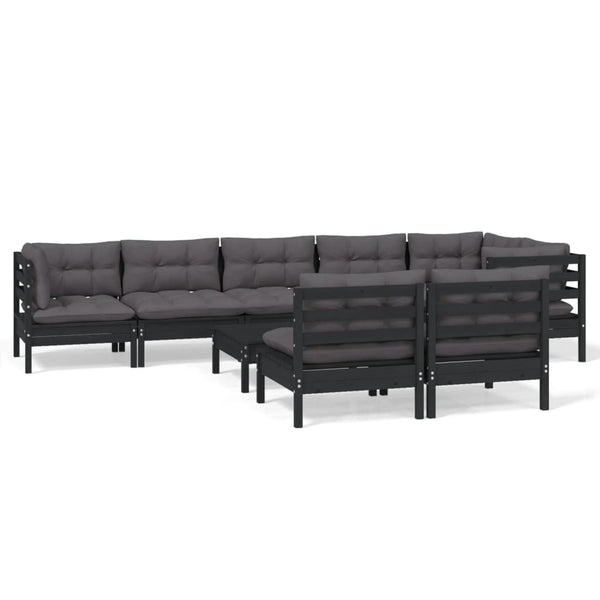 9-tlg. Garten-Lounge-Set mit Kissen Schwarz Massivholz Kiefer