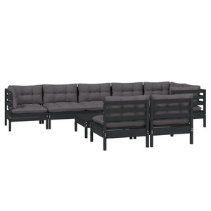 9-tlg. Garten-Lounge-Set mit Kissen Schwarz Massivholz Kiefer