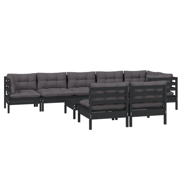 9-tlg. Garten-Lounge-Set mit Kissen Schwarz Massivholz Kiefer