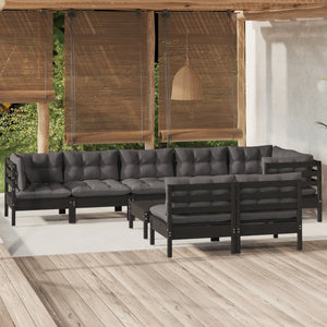 9-tlg. Garten-Lounge-Set mit Kissen Schwarz Massivholz Kiefer