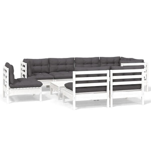 9-tlg. Garten-Lounge-Set mit Kissen Weiß Kiefer Massivholz