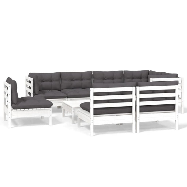 9-tlg. Garten-Lounge-Set mit Kissen Weiß Kiefer Massivholz