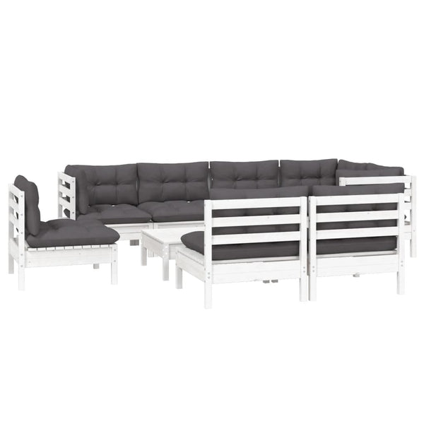 9-tlg. Garten-Lounge-Set mit Kissen Weiß Kiefer Massivholz