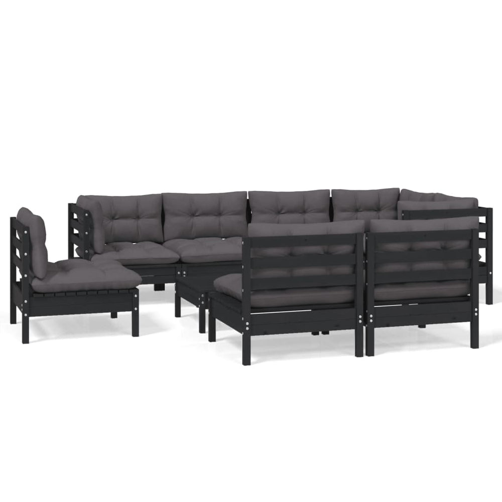 9-tlg. Garten-Lounge-Set mit Kissen Schwarz Massivholz Kiefer
