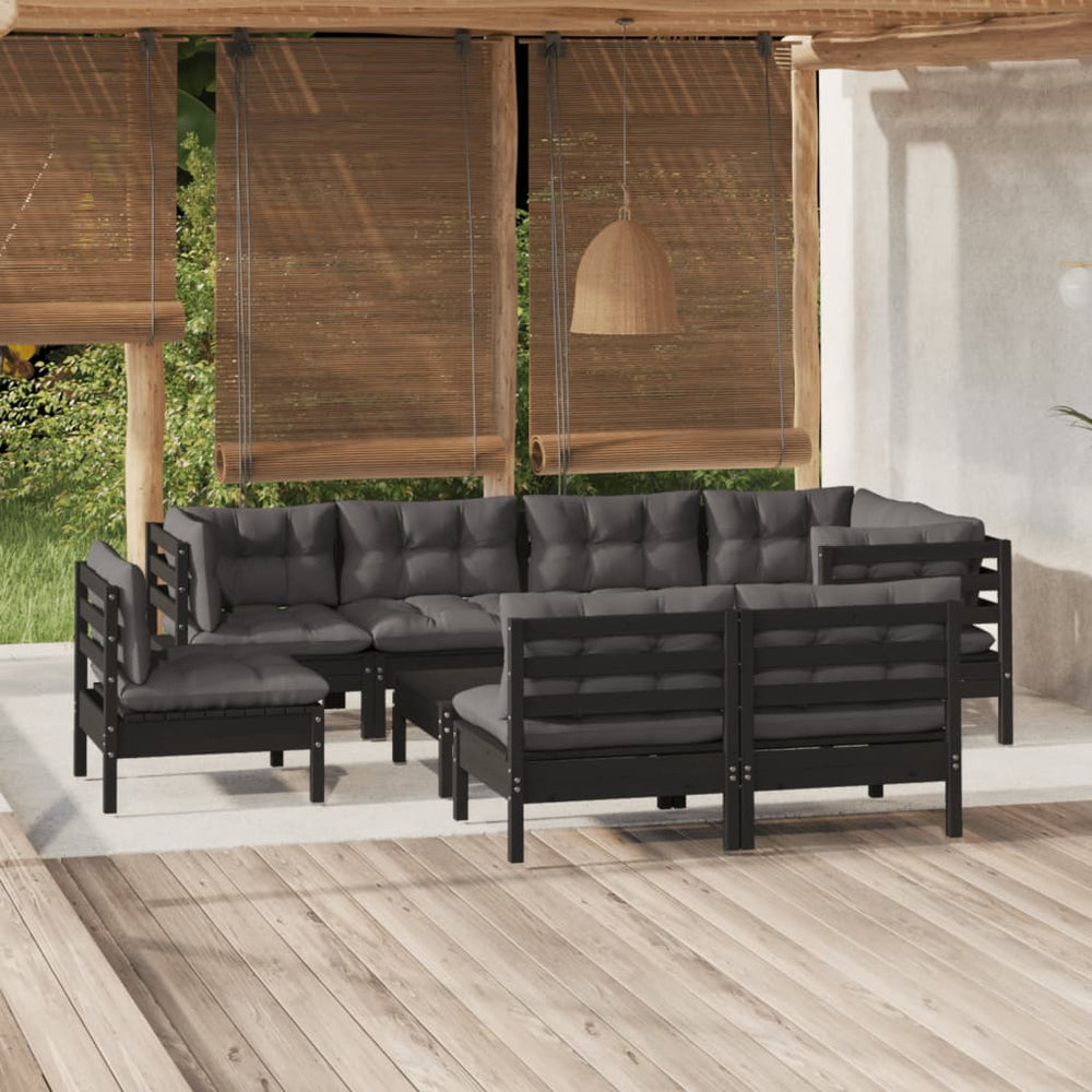 9-tlg. Garten-Lounge-Set mit Kissen Schwarz Massivholz Kiefer
